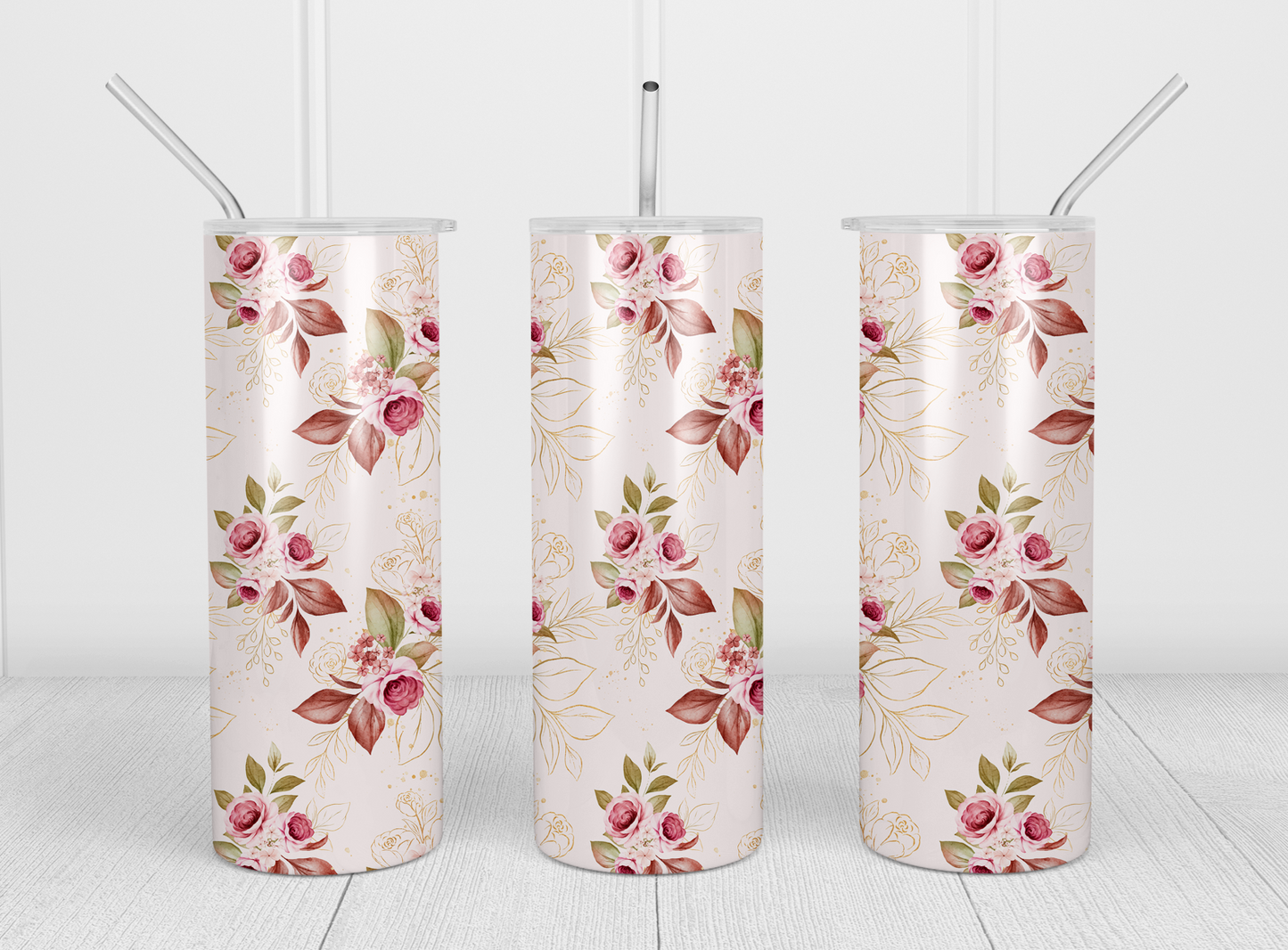 Design tumbler 20oz pour sublimation , fleurs feuilles dorées