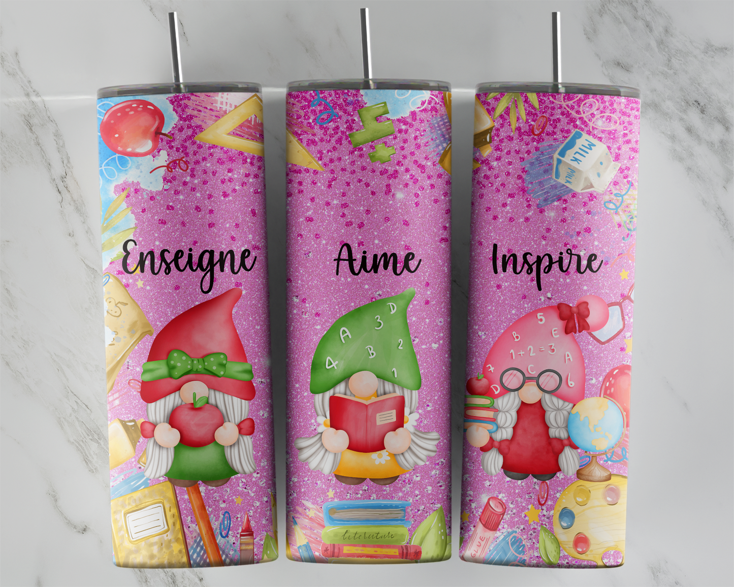 Design tumbler 20oz pour sublimation , ENSEIGNE AIME INSPIRE, GNOME, fond rose brillant