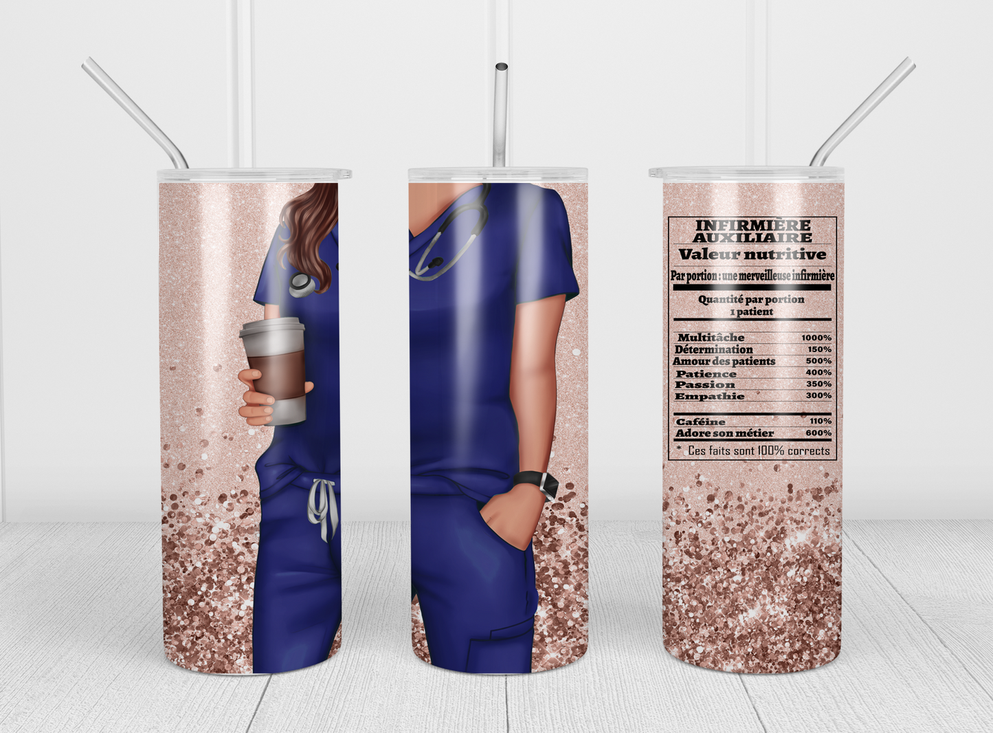 Design tumbler 20oz pour sublimation INFIRMIÈRE AUXILIAIRE, valeur nutritive, glitter cheveux bruns