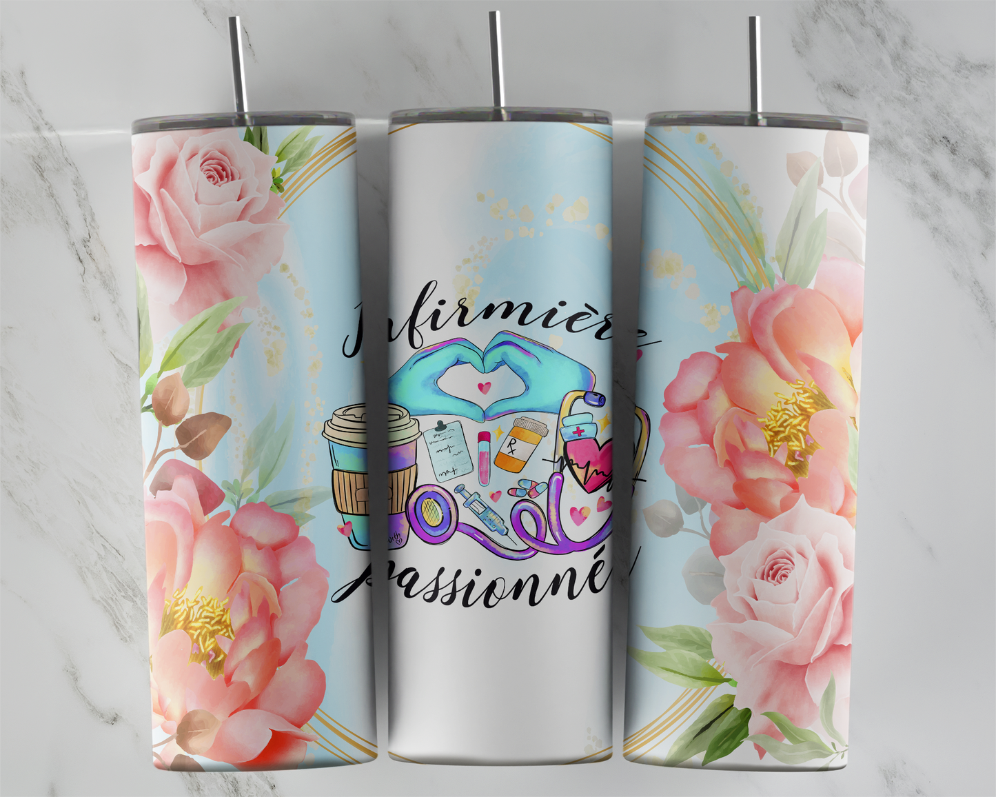 Design Tumblers 20oz, sublimation, Infirmière passionnée, fleurs roses