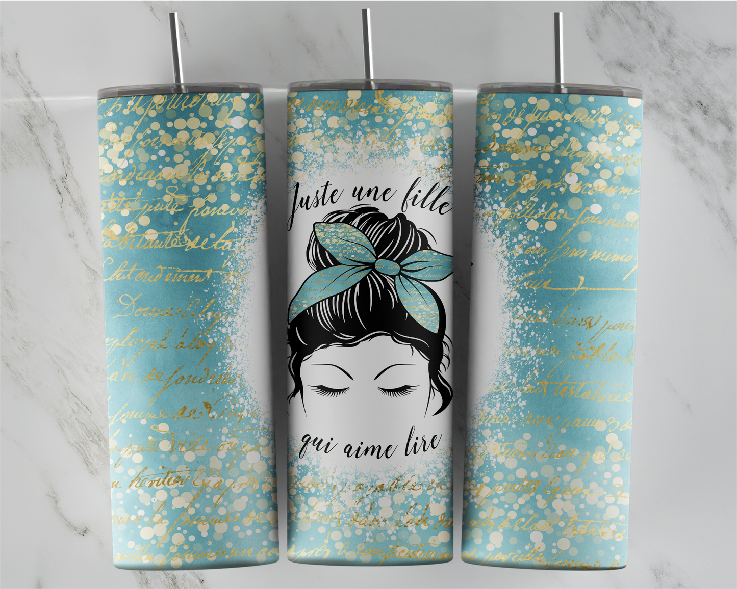 Design tumbler 20oz pour sublimation , Juste une fille qui aime livre, messy bun