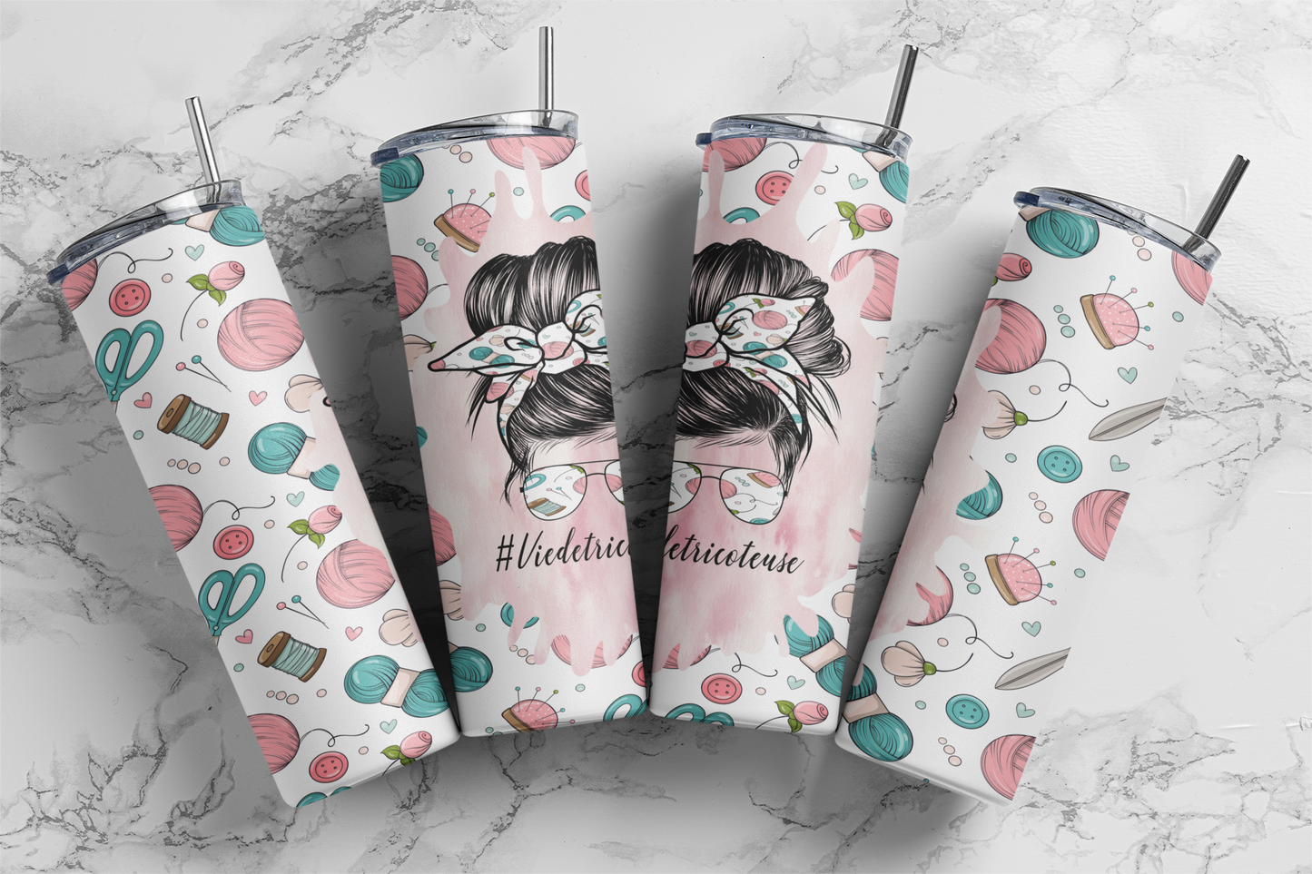 Design tumbler 20oz pour sublimation, #Viedetricoteuse, Messy Bun,