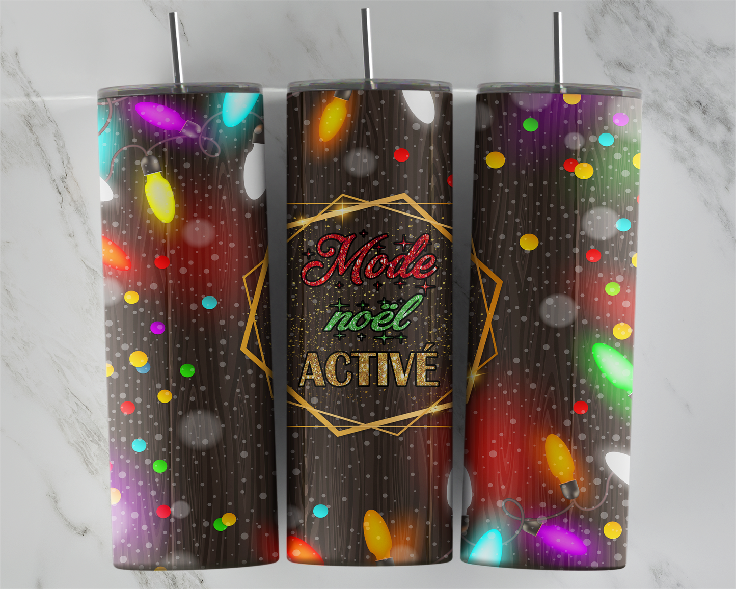 Design tumbler 20oz pour sublimation, Mode noël activé, lumière de noël